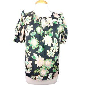 PREMISE Black Floral Pull Over Top Tie Font Peep Hole